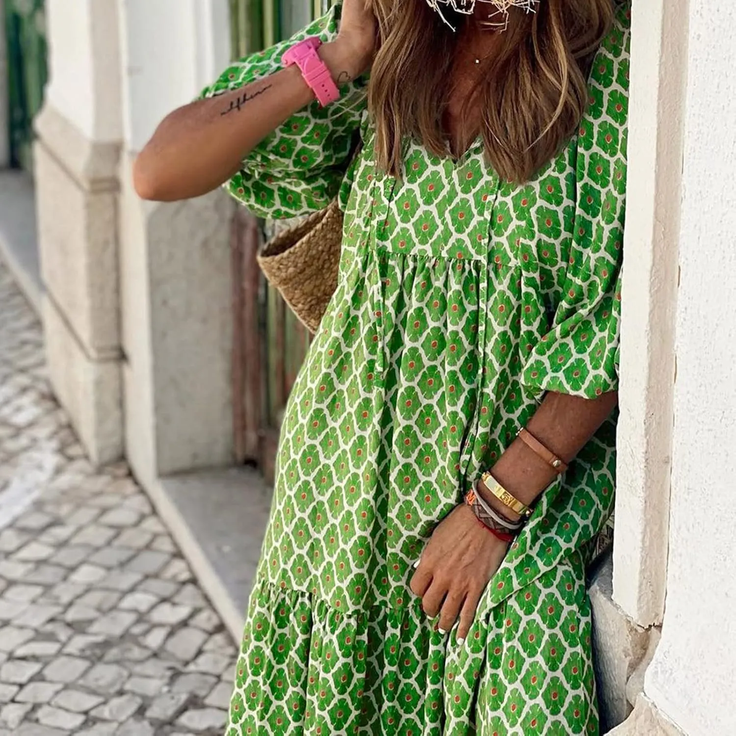 Maxi Dresses for Women Print Middle-Sleeves Ruffle Stitching Dresses Loose Soft Flowy Dress