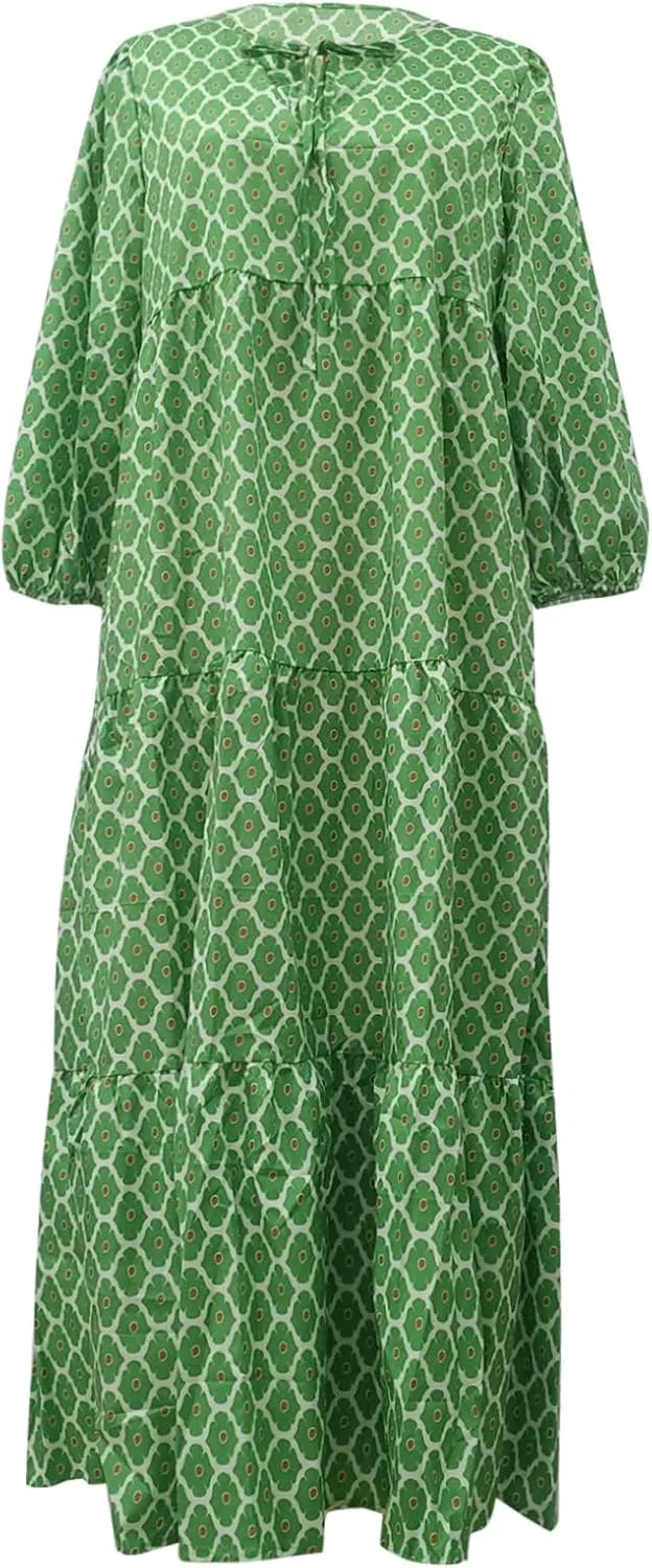 Maxi Dresses for Women Print Middle-Sleeves Ruffle Stitching Dresses Loose Soft Flowy Dress