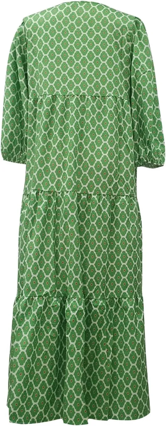 Maxi Dresses for Women Print Middle-Sleeves Ruffle Stitching Dresses Loose Soft Flowy Dress