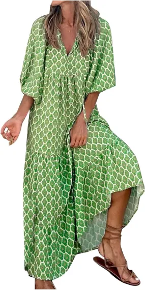 Maxi Dresses for Women Print Middle-Sleeves Ruffle Stitching Dresses Loose Soft Flowy Dress