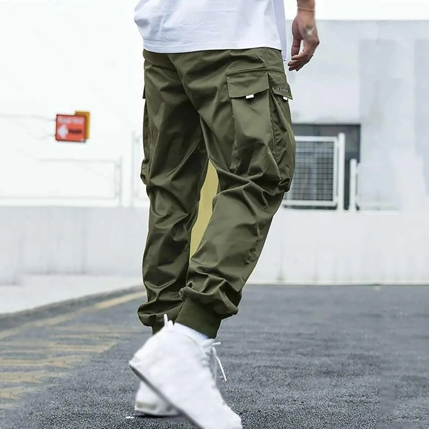 Mens Casual Cargo Pants Drawstring Elastic Waist Straight Leg Pant Loose Fit Pants Joggers Outdoor Hiking Trousers