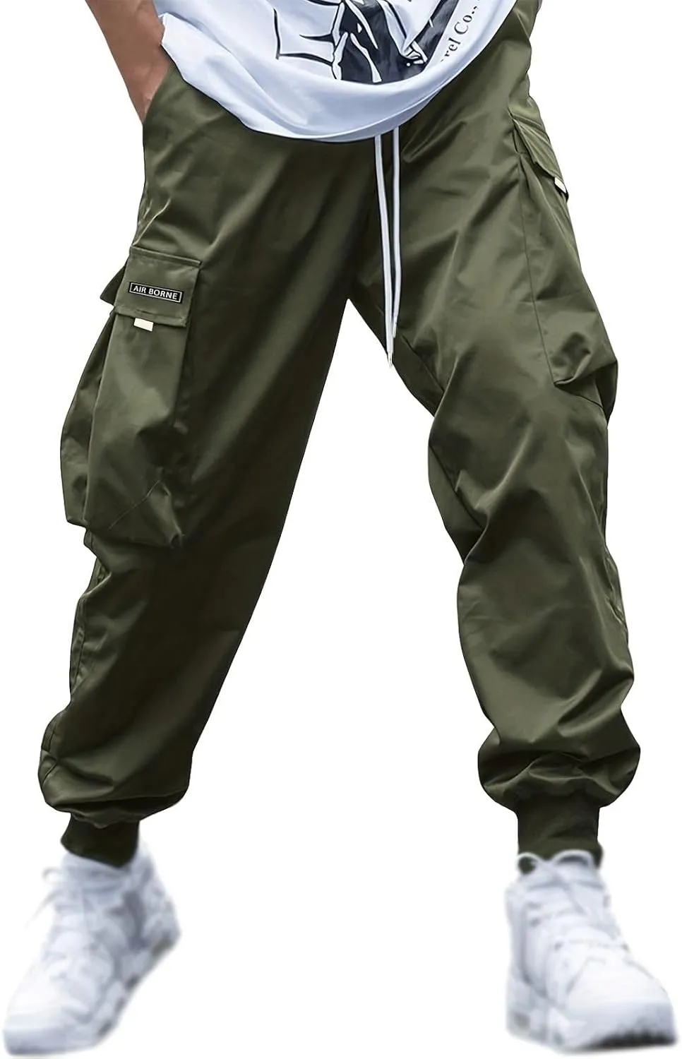Mens Casual Cargo Pants Drawstring Elastic Waist Straight Leg Pant Loose Fit Pants Joggers Outdoor Hiking Trousers