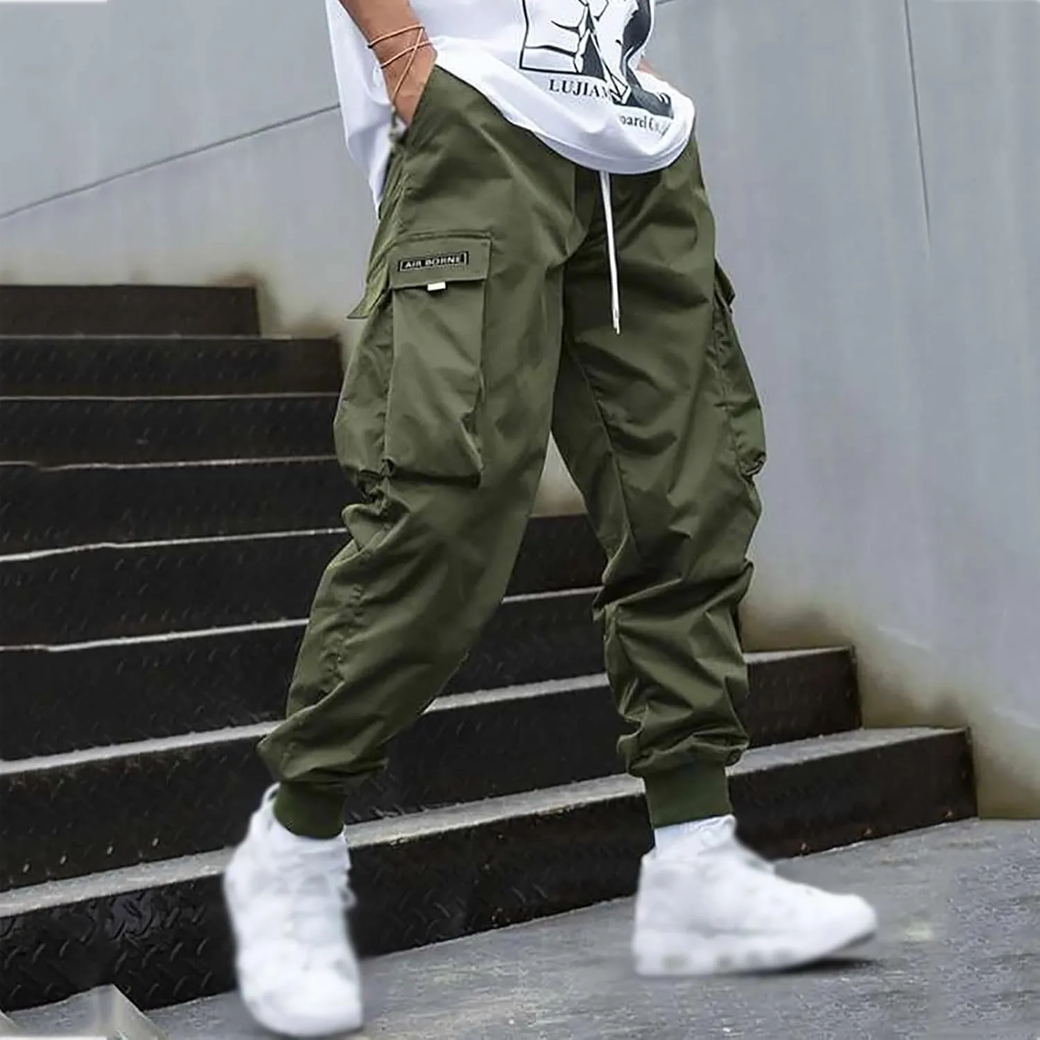 Mens Casual Cargo Pants Drawstring Elastic Waist Straight Leg Pant Loose Fit Pants Joggers Outdoor Hiking Trousers