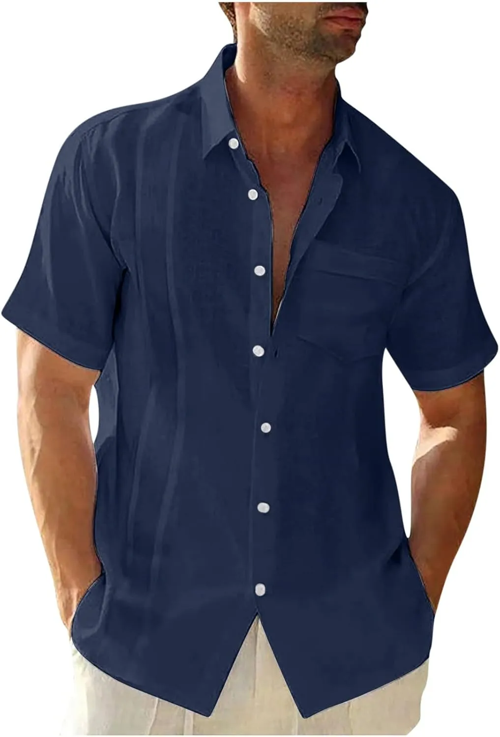 Mens Casual Cotton Linen Shirt Short Sleeve Button Shirt Hawaiian Shirts Lapel Leisure T-Shirt