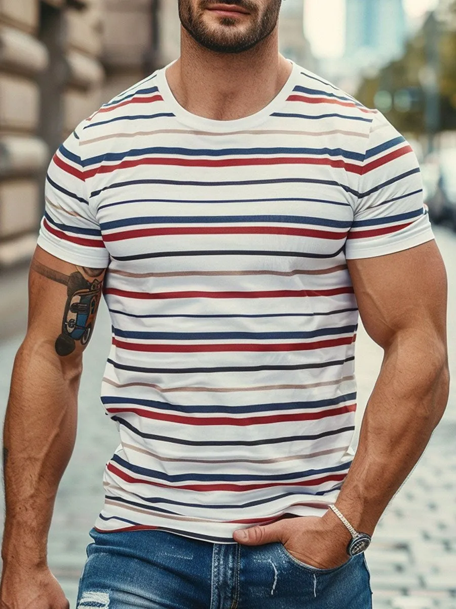 Men's Contrast Stripe Print Casual Short-Sleeved Round Neck T-Shirt