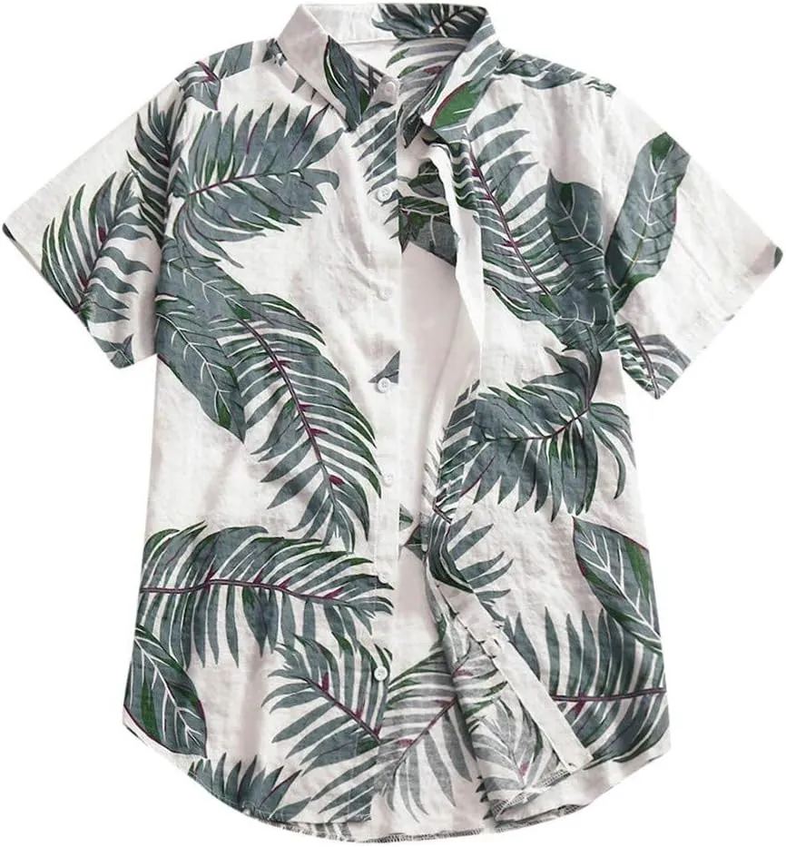 Mens Cotton Linen Beach Tops Short Sleeve Button Down Shirts 2025 Summer Relaxed Fit Vintage Casual Hawaiian Shirts
