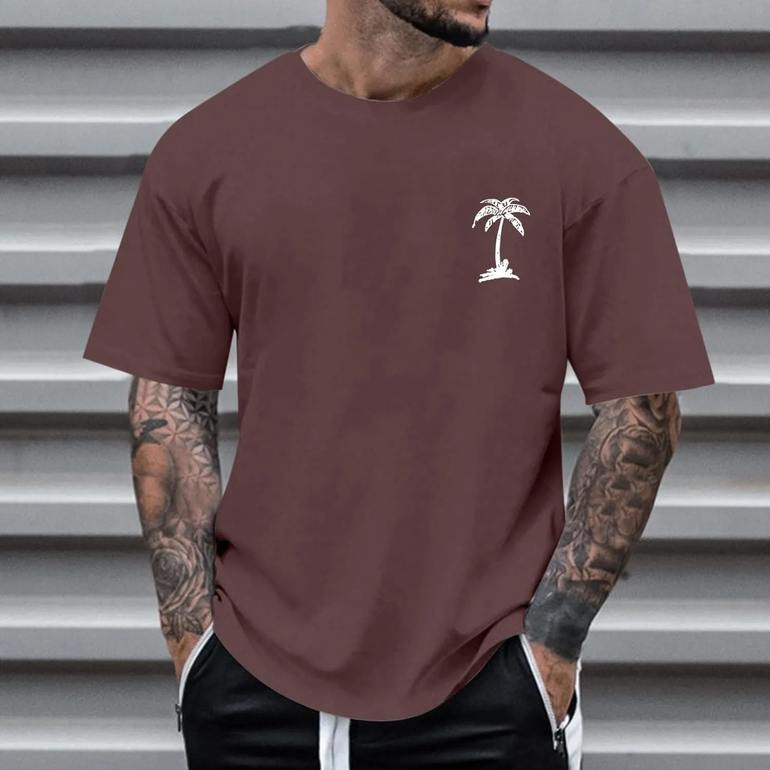 Mens Graphic Tshirts Shirt Tropical Printed Short Sleeve T-Shirt Casual Solid Fitted Round Neck Summer Tops
