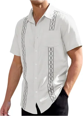 Mens Guayabera Shirt Summer Short Sleeve Cuban Shirt Lightweight Casual Button Down Shirt Travel Beach Tops