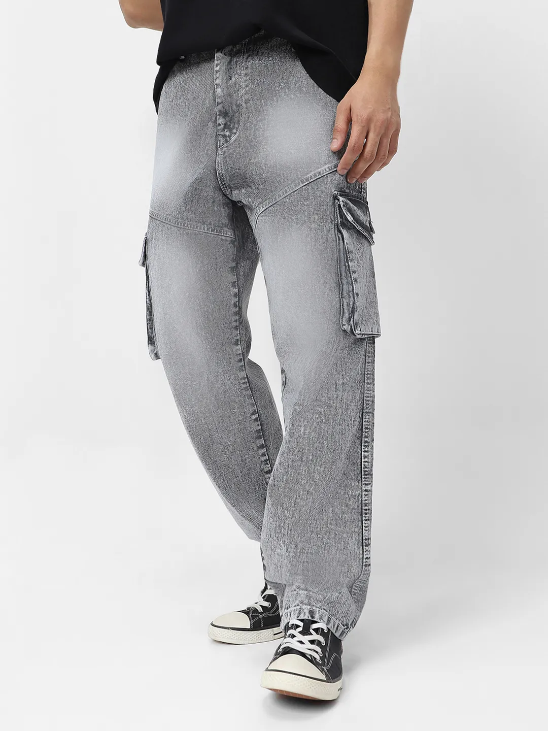 Men's Ice Grey Loose Fit Cargo Jeans With 7 Pockets Non Stretchable
