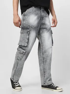 Men's Ice Grey Loose Fit Cargo Jeans With 7 Pockets Non Stretchable