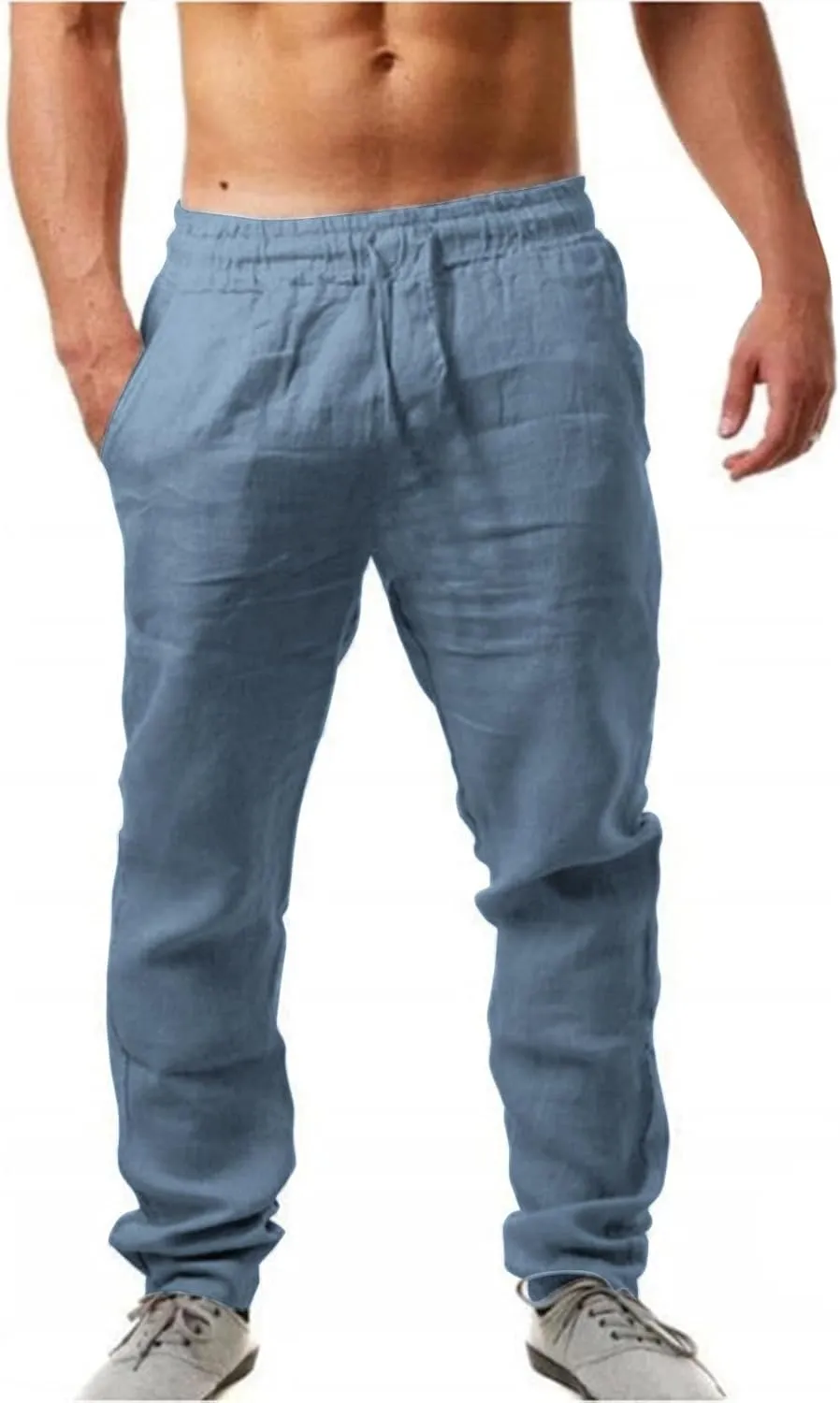 Mens Linen Beach Pants Summer Casual Solid Color Pants Elastic Waist Drawstring Loose Trousers with Pockets Skinny Chino