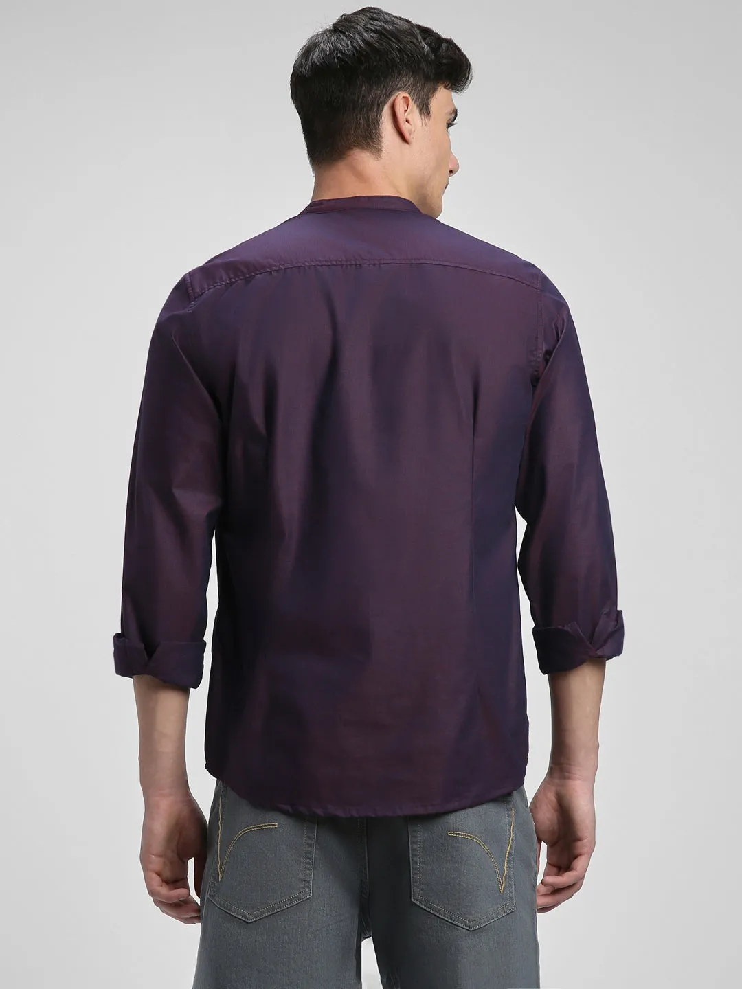 Men's Mandarin Collar Slim Fit Solid Purple Casual Shirts