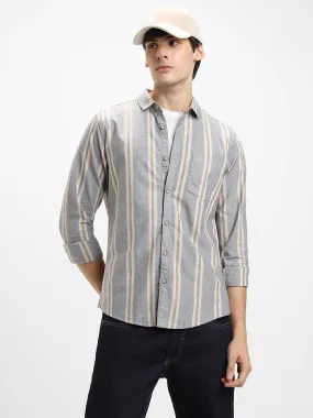 Men's Regular Collar Slim Fit Stripes Grey Casual Shirts