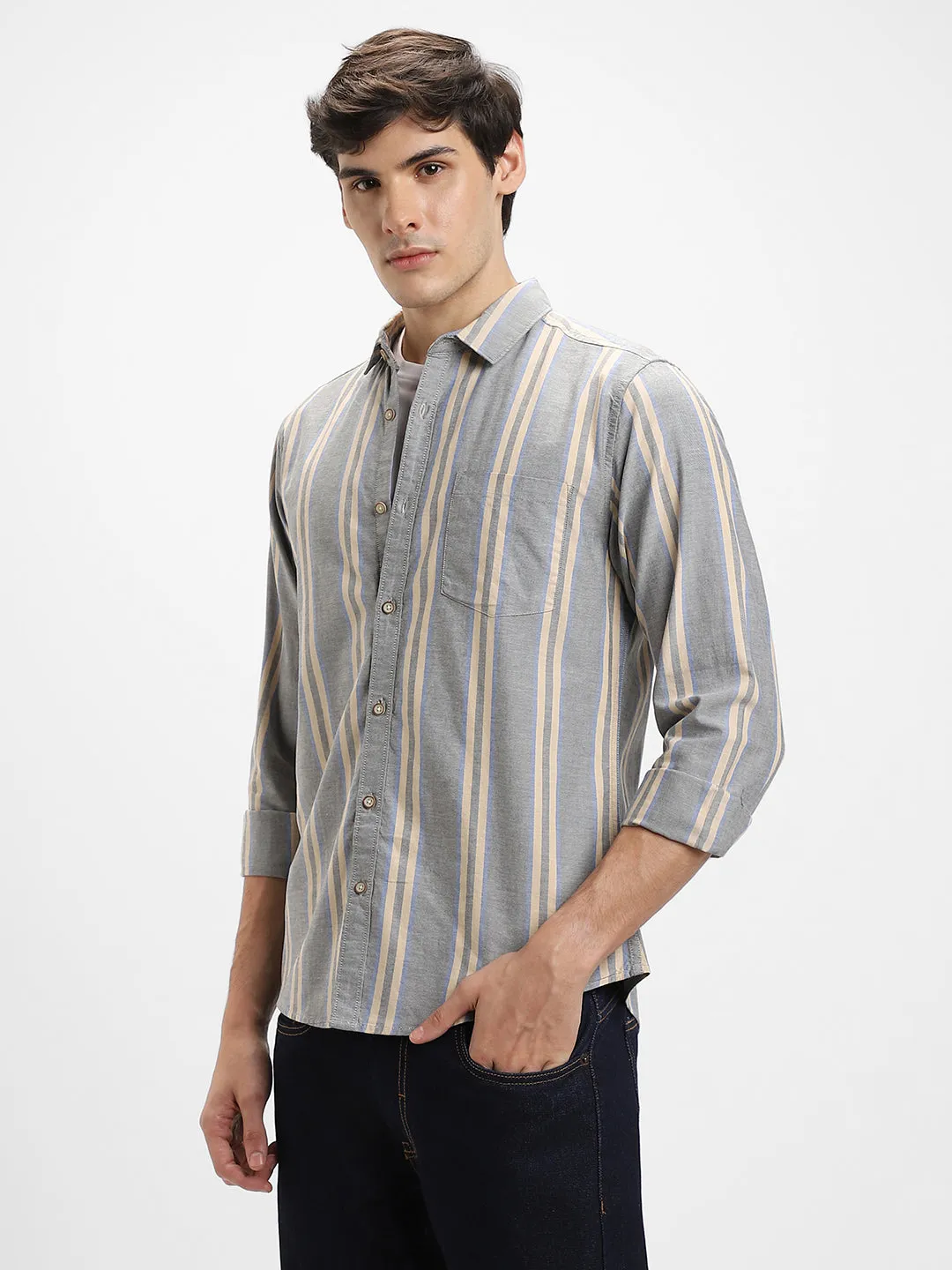 Men's Regular Collar Slim Fit Stripes Grey Casual Shirts