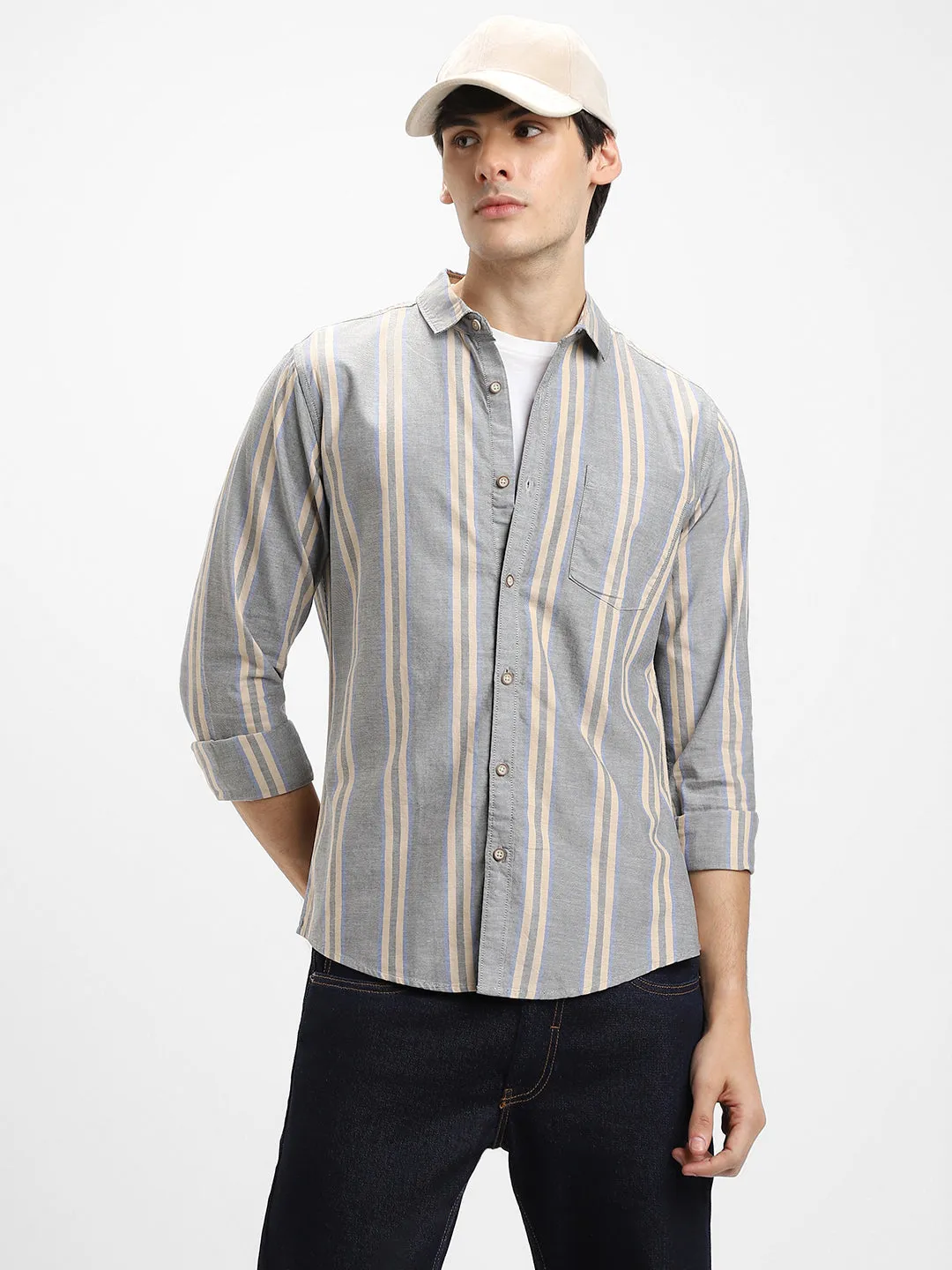 Men's Regular Collar Slim Fit Stripes Grey Casual Shirts