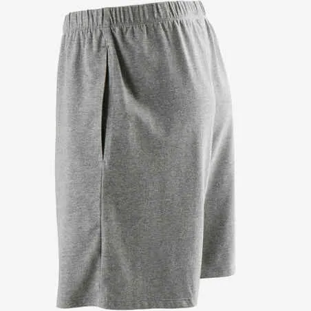 Men's short straight-cut cotton fitness shorts 100 with key pocket - grey