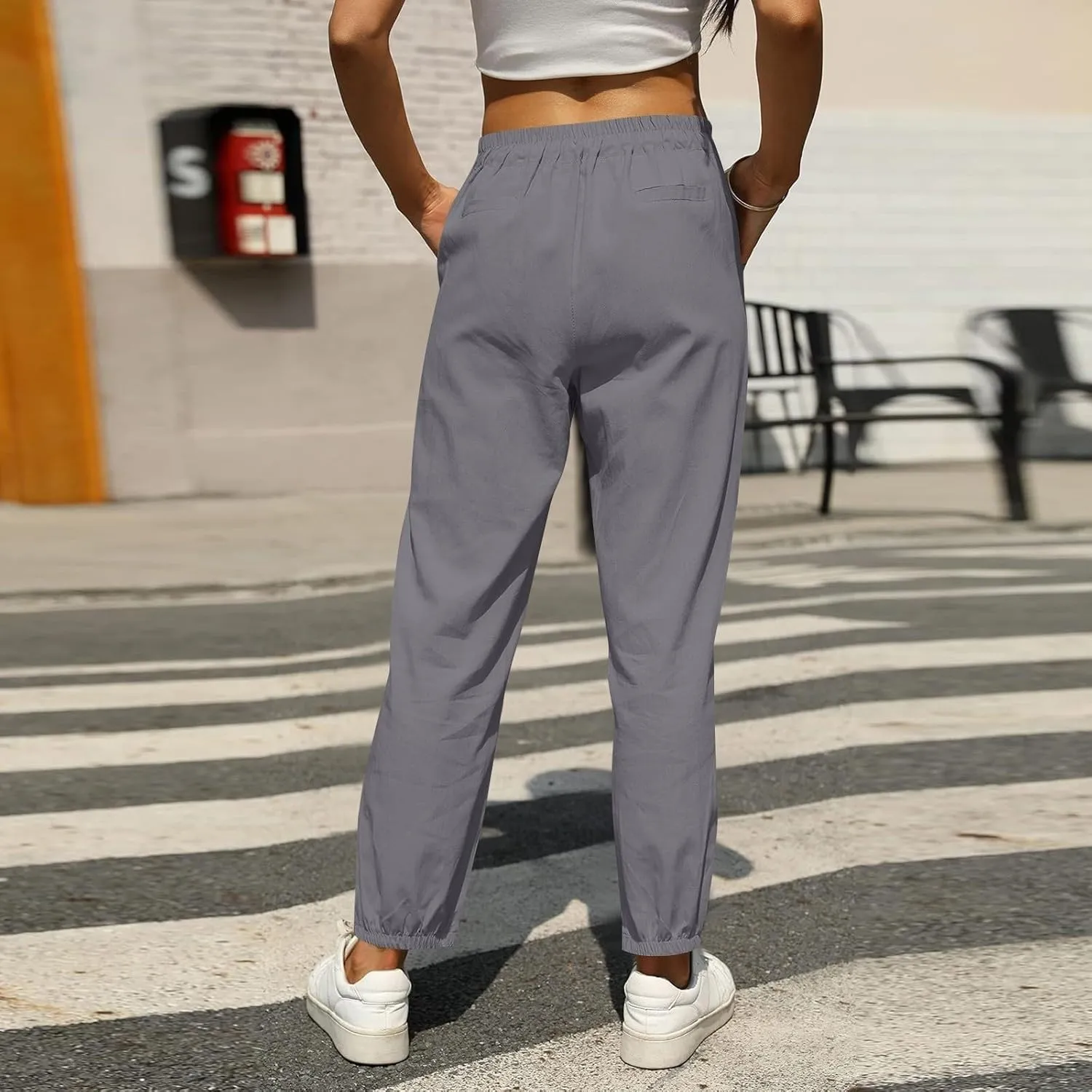 Miyaomn Womens Linen Pants for Summer Drawstring Elastic High Waist Casual Pants Loose Fit Beach Lounge Trousers with Pockets