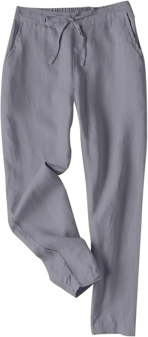 Miyaomn Womens Linen Pants for Summer Drawstring Elastic High Waist Casual Pants Loose Fit Beach Lounge Trousers with Pockets