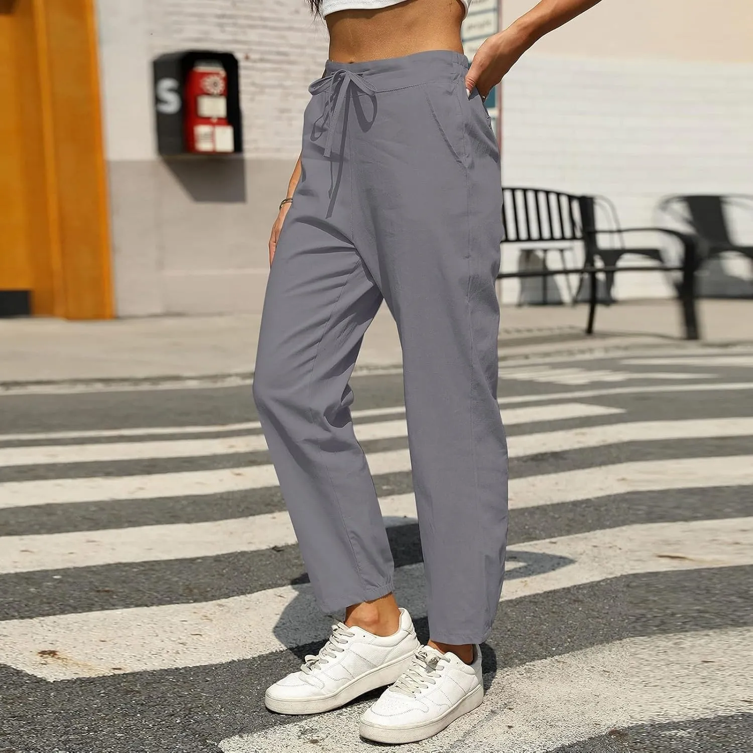 Miyaomn Womens Linen Pants for Summer Drawstring Elastic High Waist Casual Pants Loose Fit Beach Lounge Trousers with Pockets