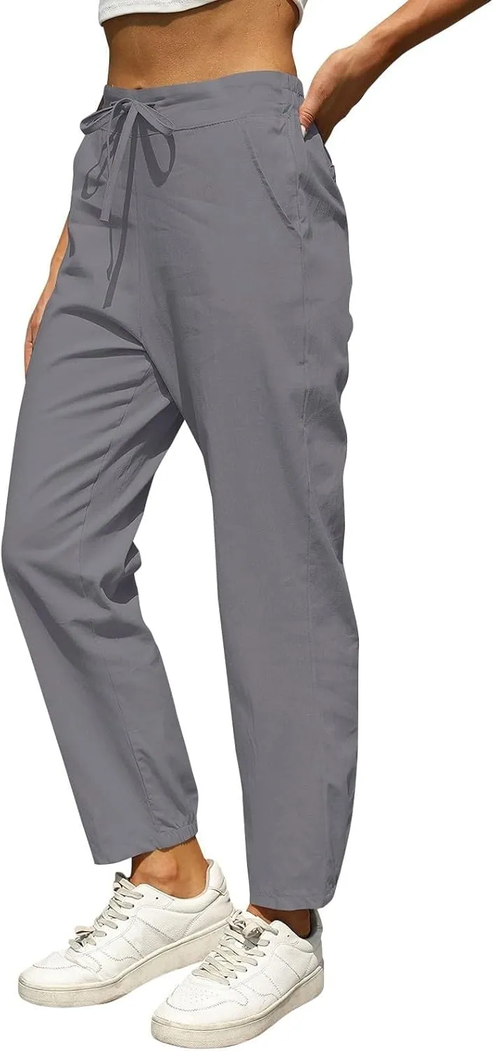 Miyaomn Womens Linen Pants for Summer Drawstring Elastic High Waist Casual Pants Loose Fit Beach Lounge Trousers with Pockets