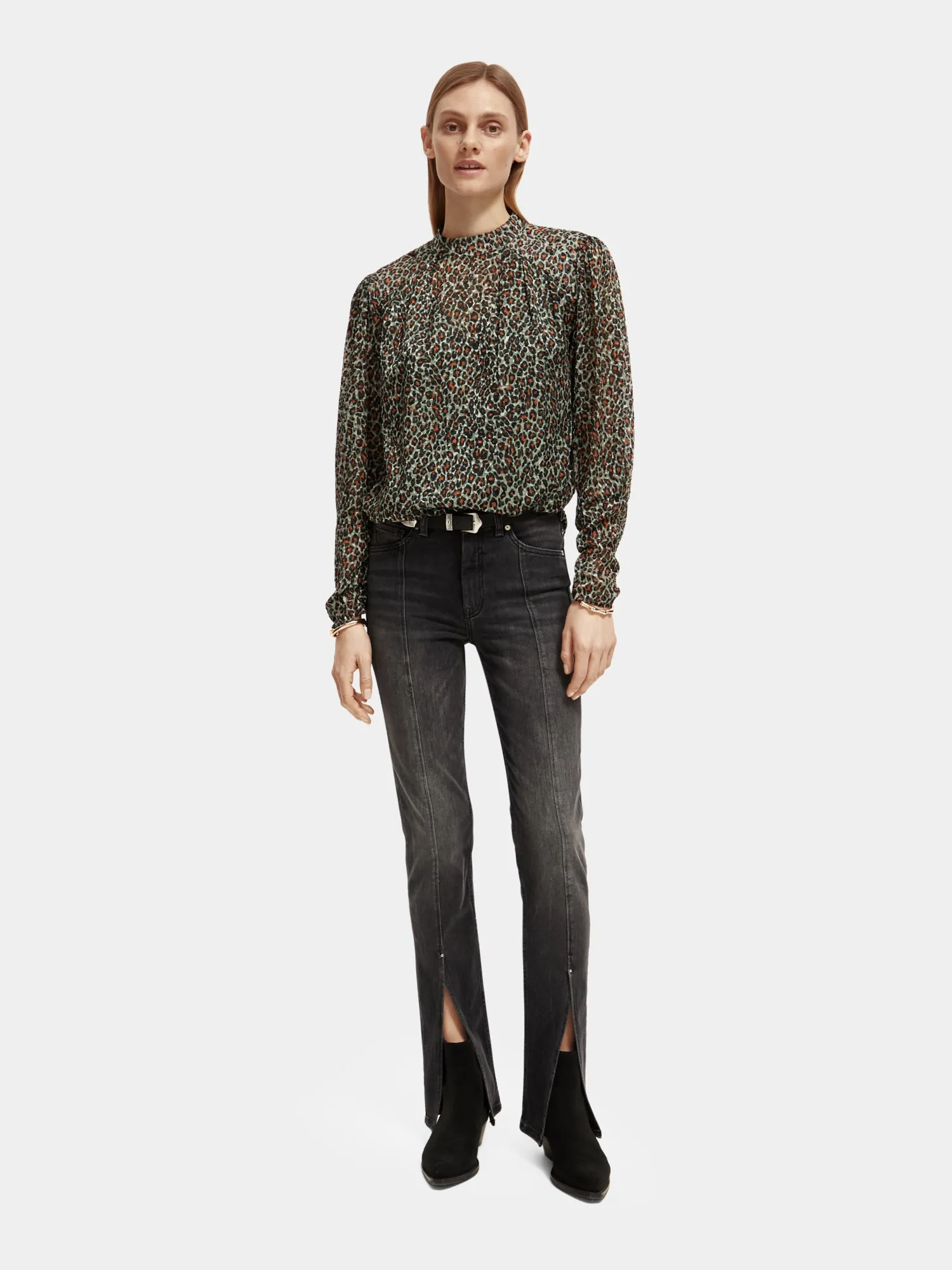 Mock neck open back blouse