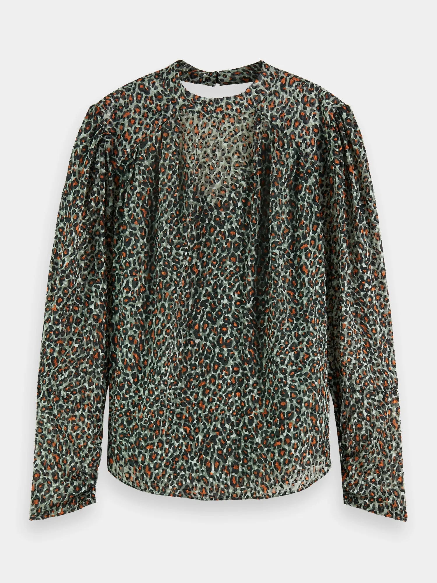 Mock neck open back blouse