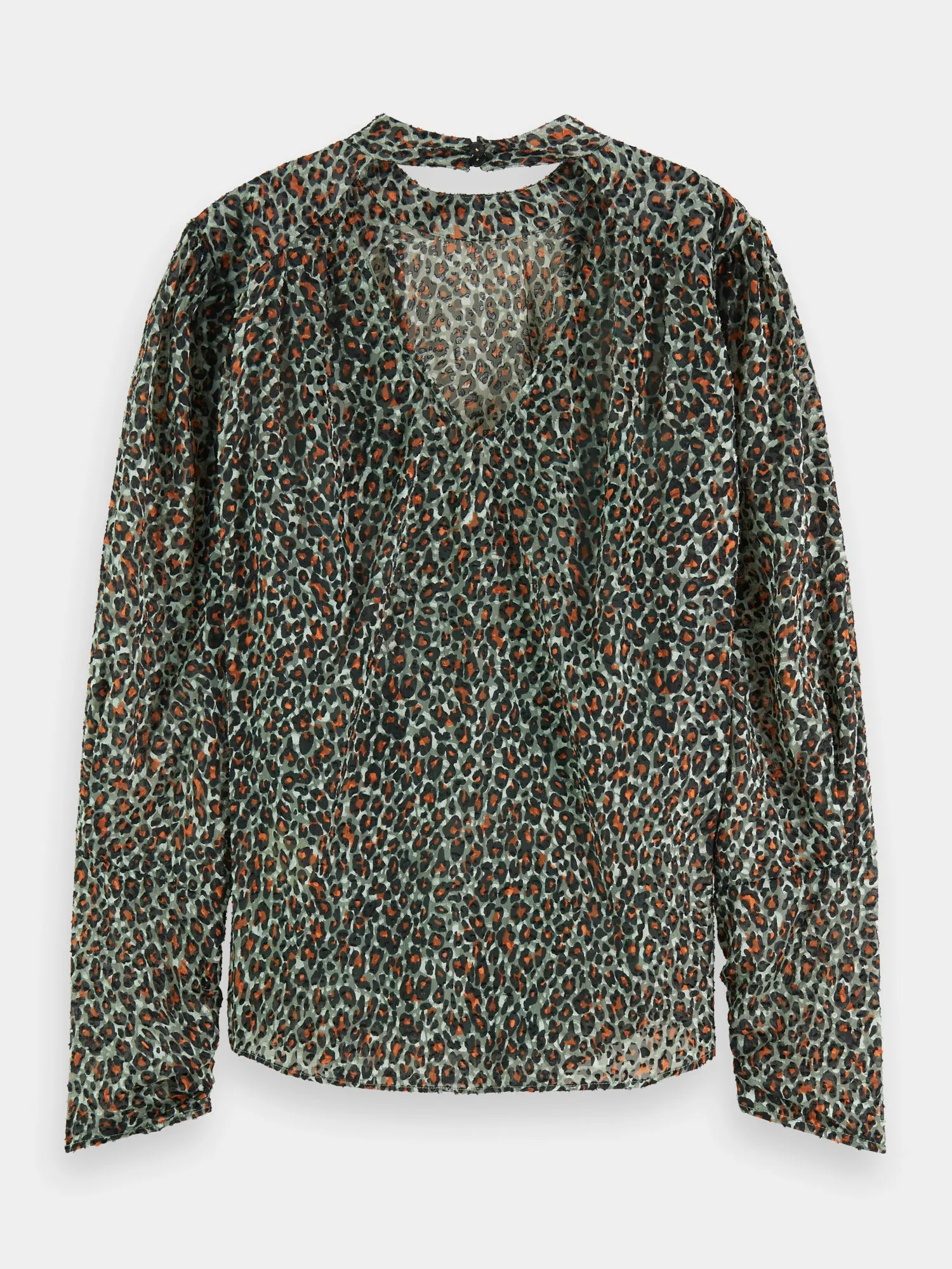 Mock neck open back blouse