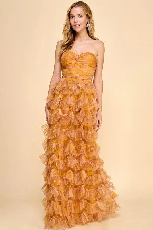 Mustard Multi Strapless Ruffle Layered Maxi Dress