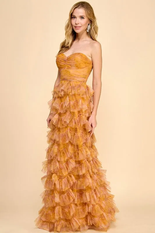 Mustard Multi Strapless Ruffle Layered Maxi Dress