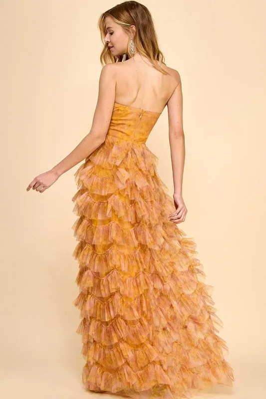 Mustard Multi Strapless Ruffle Layered Maxi Dress
