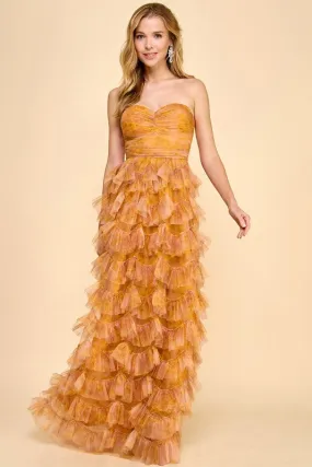 Mustard Multi Strapless Ruffle Layered Maxi Dress