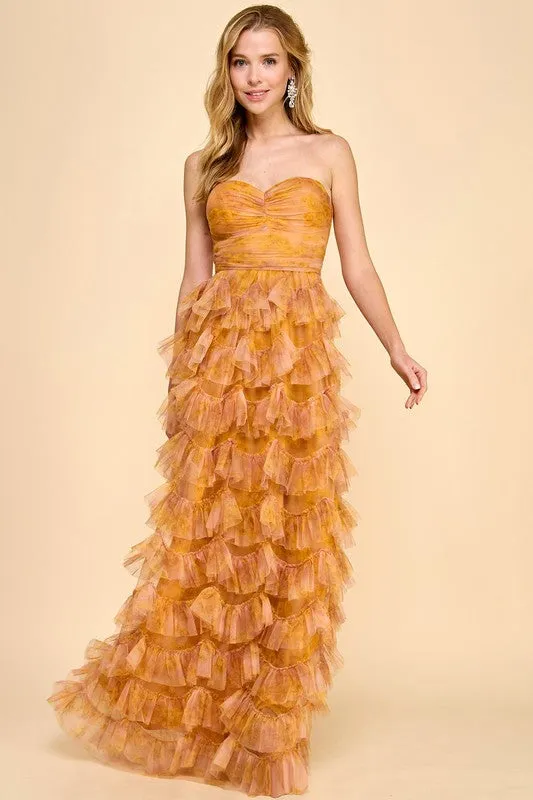 Mustard Multi Strapless Ruffle Layered Maxi Dress