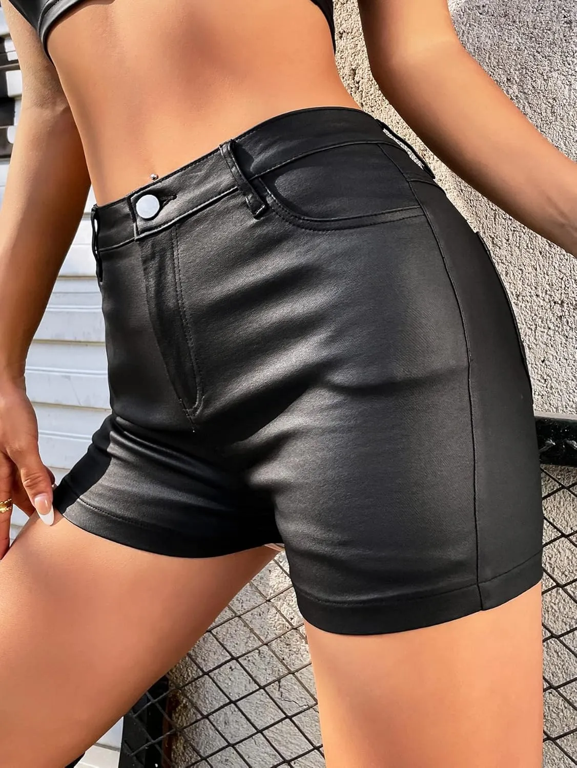 OYOANGLE Women's PU Faux Leather Shorts High Waist Denim Shorts Stretchy Skinny Shorts with Pockets
