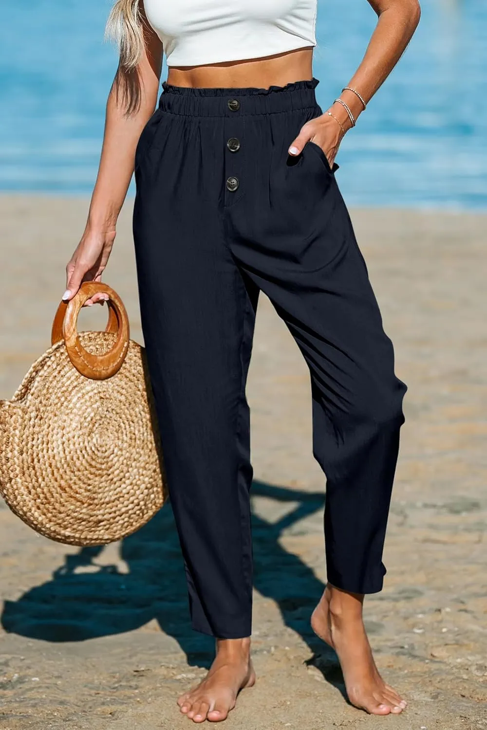 Paintcolors Womens High Waisted Work Pants Button Down Loose Comfy Straight Leg Pants Stretchy Dressy Trousers with Pockets