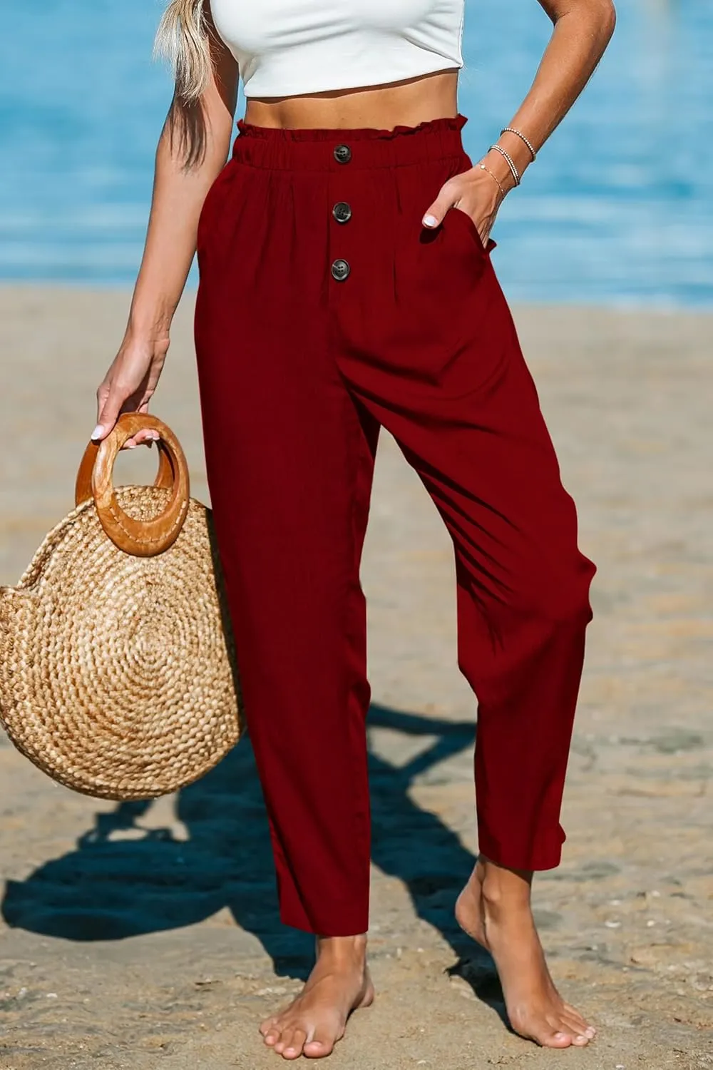 Paintcolors Womens High Waisted Work Pants Button Down Loose Comfy Straight Leg Pants Stretchy Dressy Trousers with Pockets