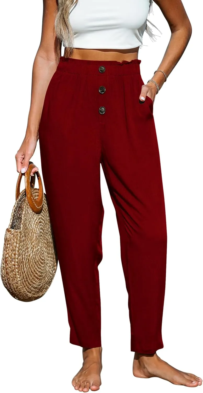 Paintcolors Womens High Waisted Work Pants Button Down Loose Comfy Straight Leg Pants Stretchy Dressy Trousers with Pockets