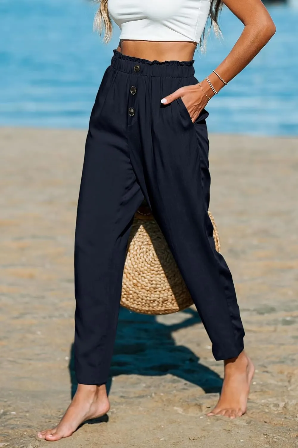 Paintcolors Womens High Waisted Work Pants Button Down Loose Comfy Straight Leg Pants Stretchy Dressy Trousers with Pockets