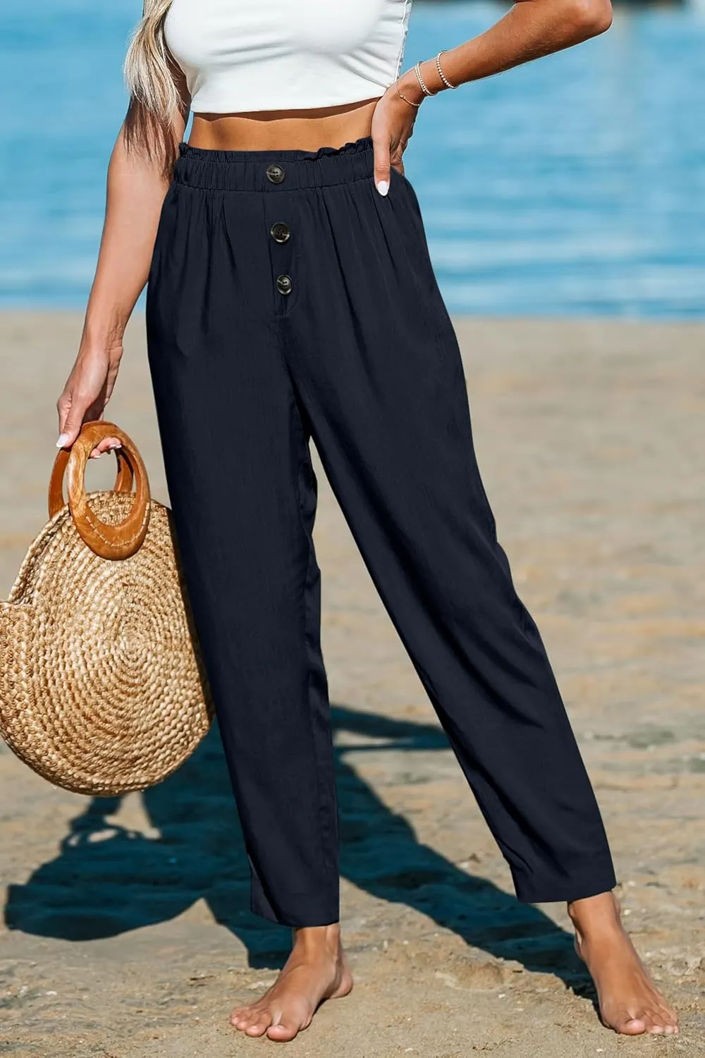 Paintcolors Womens High Waisted Work Pants Button Down Loose Comfy Straight Leg Pants Stretchy Dressy Trousers with Pockets