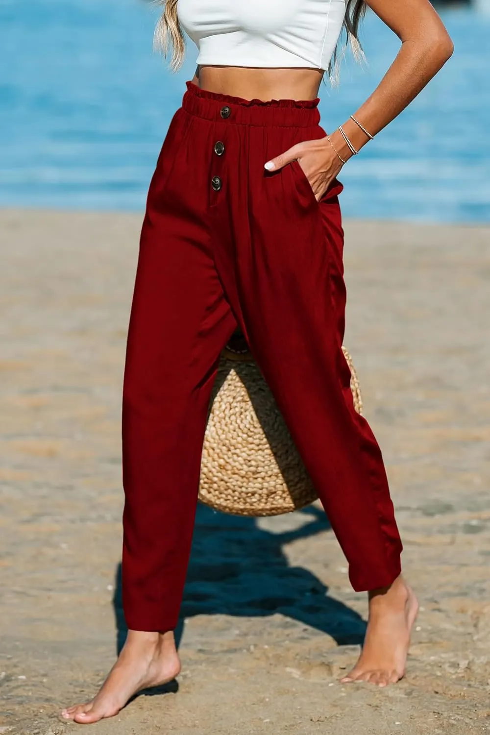 Paintcolors Womens High Waisted Work Pants Button Down Loose Comfy Straight Leg Pants Stretchy Dressy Trousers with Pockets