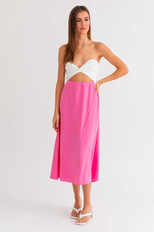 Pink-White Tube Contrast Midi Dress
