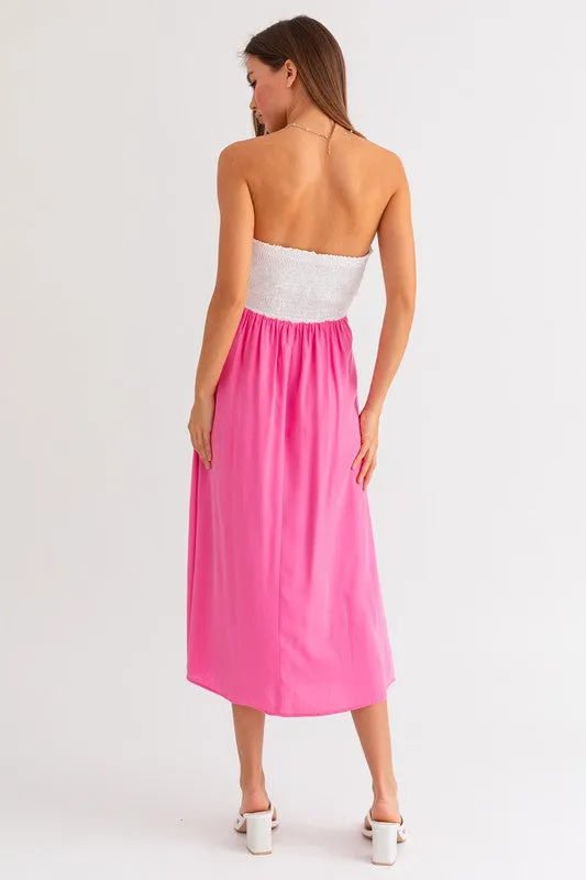 Pink-White Tube Contrast Midi Dress