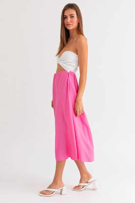 Pink-White Tube Contrast Midi Dress