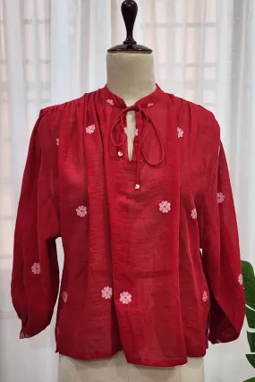 Red peasant style top with Jamdani
