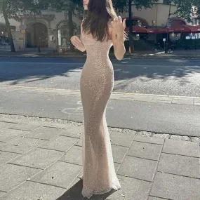 Sequin Spaghetti Strap Backless Bodycon Summer Beach Cocktail Party Maxi Sparkly Dress
