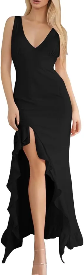 Sexy V Neck Dress for Women Sleeveless Mesh Ruffle Hem Bodycon Maxi Casual Backless High Slit Plus Size Maxi
