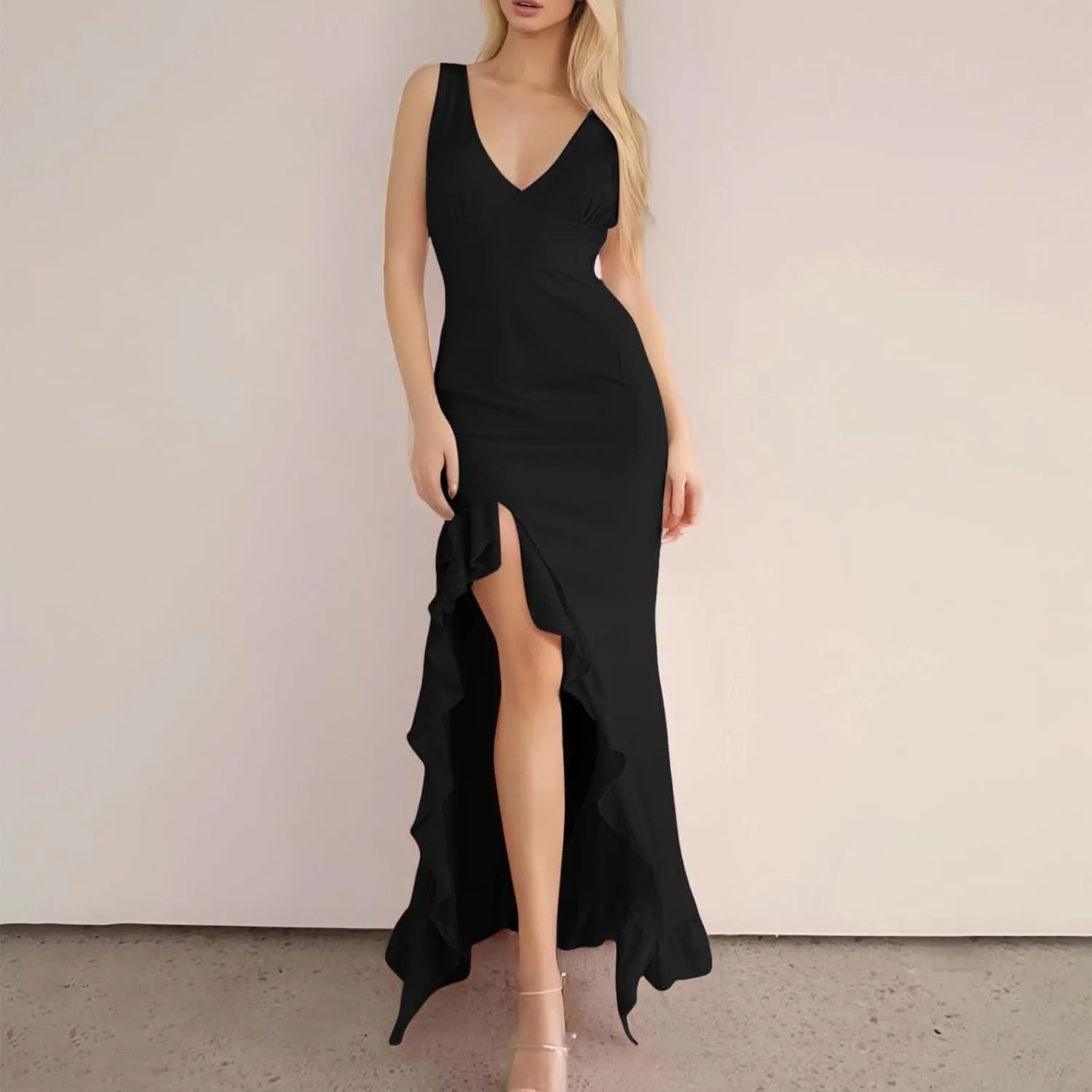 Sexy V Neck Dress for Women Sleeveless Mesh Ruffle Hem Bodycon Maxi Casual Backless High Slit Plus Size Maxi