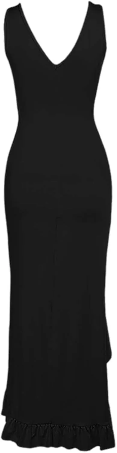 Sexy V Neck Dress for Women Sleeveless Mesh Ruffle Hem Bodycon Maxi Casual Backless High Slit Plus Size Maxi