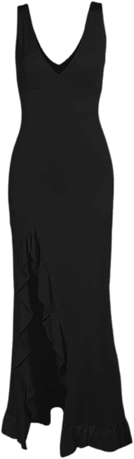 Sexy V Neck Dress for Women Sleeveless Mesh Ruffle Hem Bodycon Maxi Casual Backless High Slit Plus Size Maxi