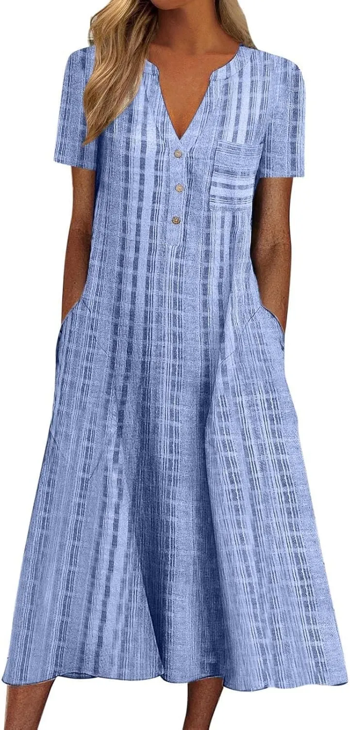 SGASY Summer Dresses for Women 2024 Plus Size Short Sleeve Button Down Boho Midi Sundress House Dress with Pockets