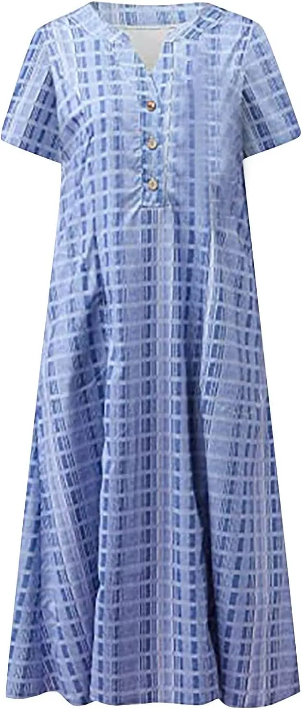 SGASY Summer Dresses for Women 2024 Plus Size Short Sleeve Button Down Boho Midi Sundress House Dress with Pockets